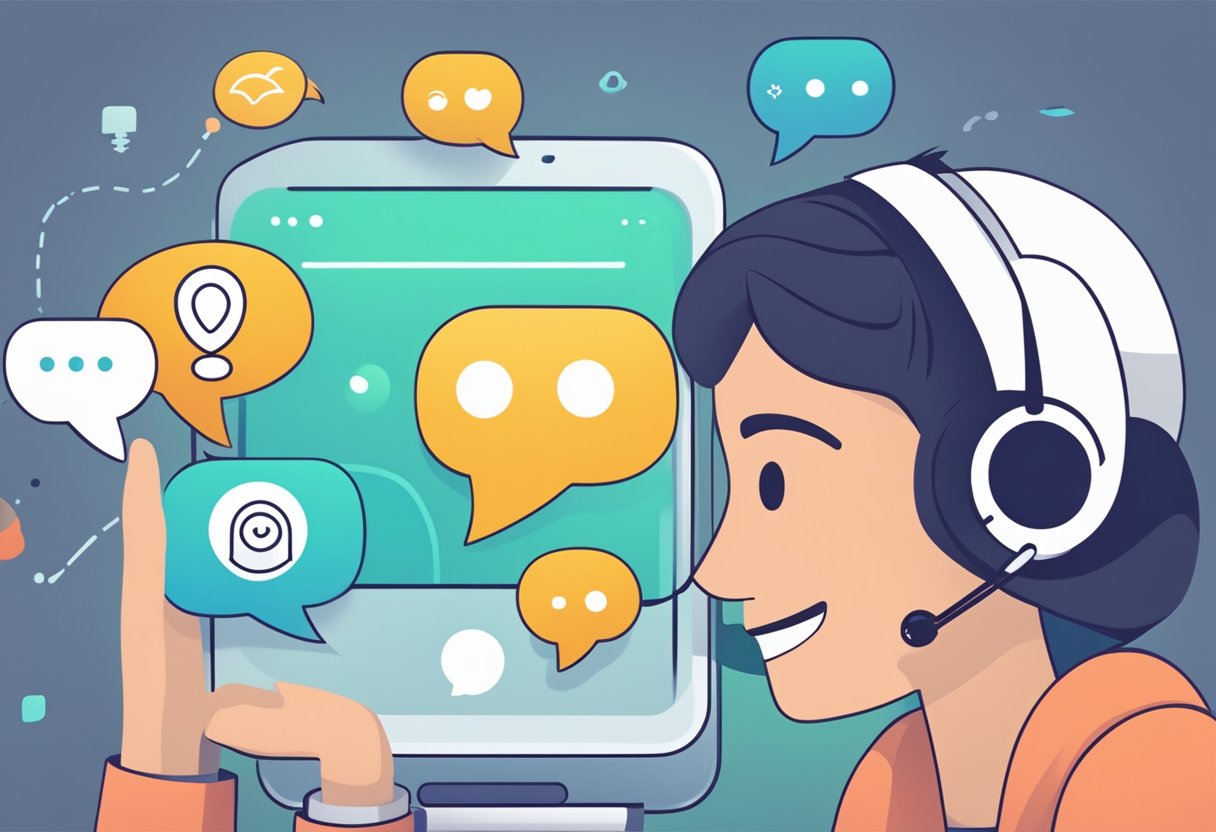 A customer service chatbot assisting a client with a smiling face, while multiple conversation bubbles pop up around them