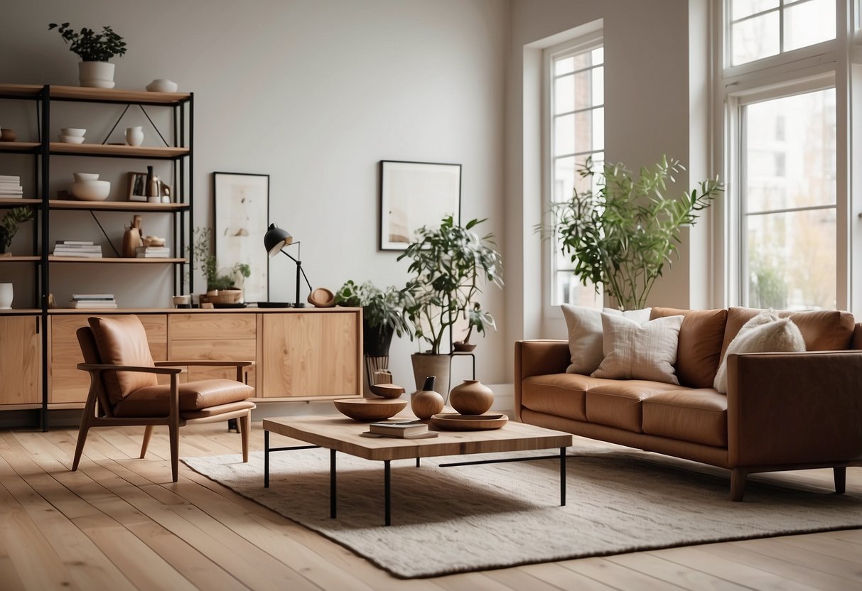 Clean lines, natural materials, and minimalistic furniture in a bright, airy space with plenty of natural light. Textures like wood, wool, and leather add warmth to the cool, neutral color palette