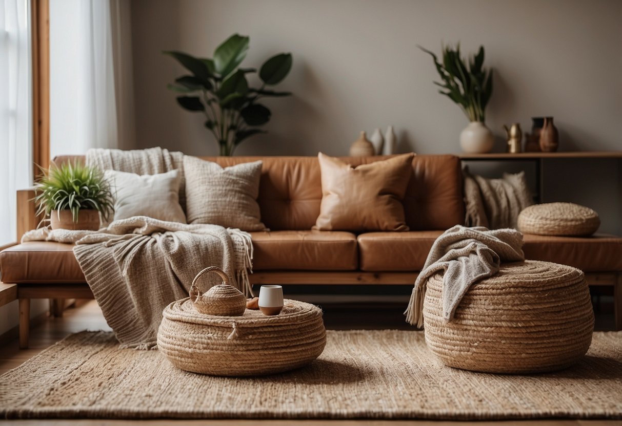 A cozy living room with light wood furniture, wool throw blankets, and textured pillows. A jute rug and woven baskets add natural elements