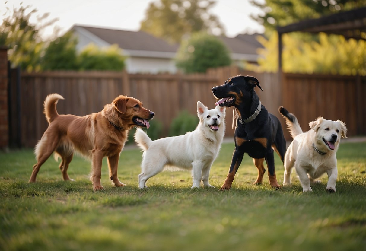 Several dogs of different breeds playfully interact in a spacious, fenced backyard, showcasing their compatibility in a multi-dog household