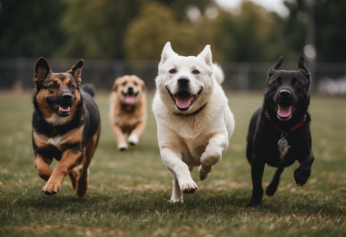 Several dogs of various sizes and colors interact happily in a spacious, fenced yard. They playfully chase each other and wag their tails, demonstrating their sociable and friendly nature