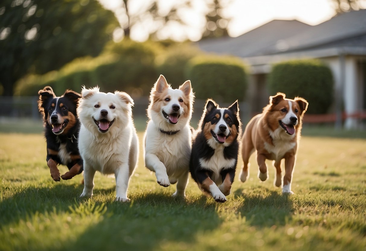 Multiple dogs playing in a spacious, fenced yard. Various breeds interact peacefully, showing signs of happiness and good health