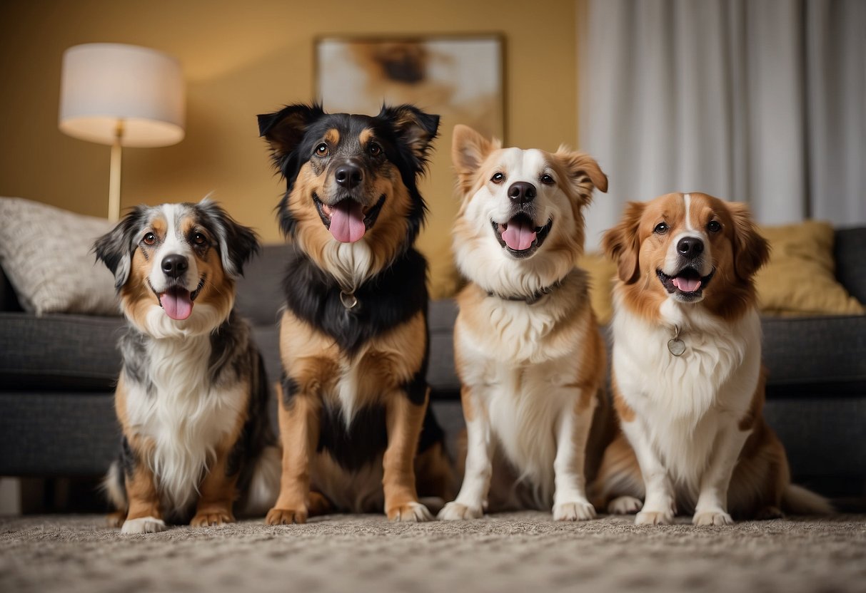 Several dogs of different breeds play in a spacious, well-designed living area. Each breed exhibits friendly and sociable behavior, showcasing the best dog breeds for a multi-dog household