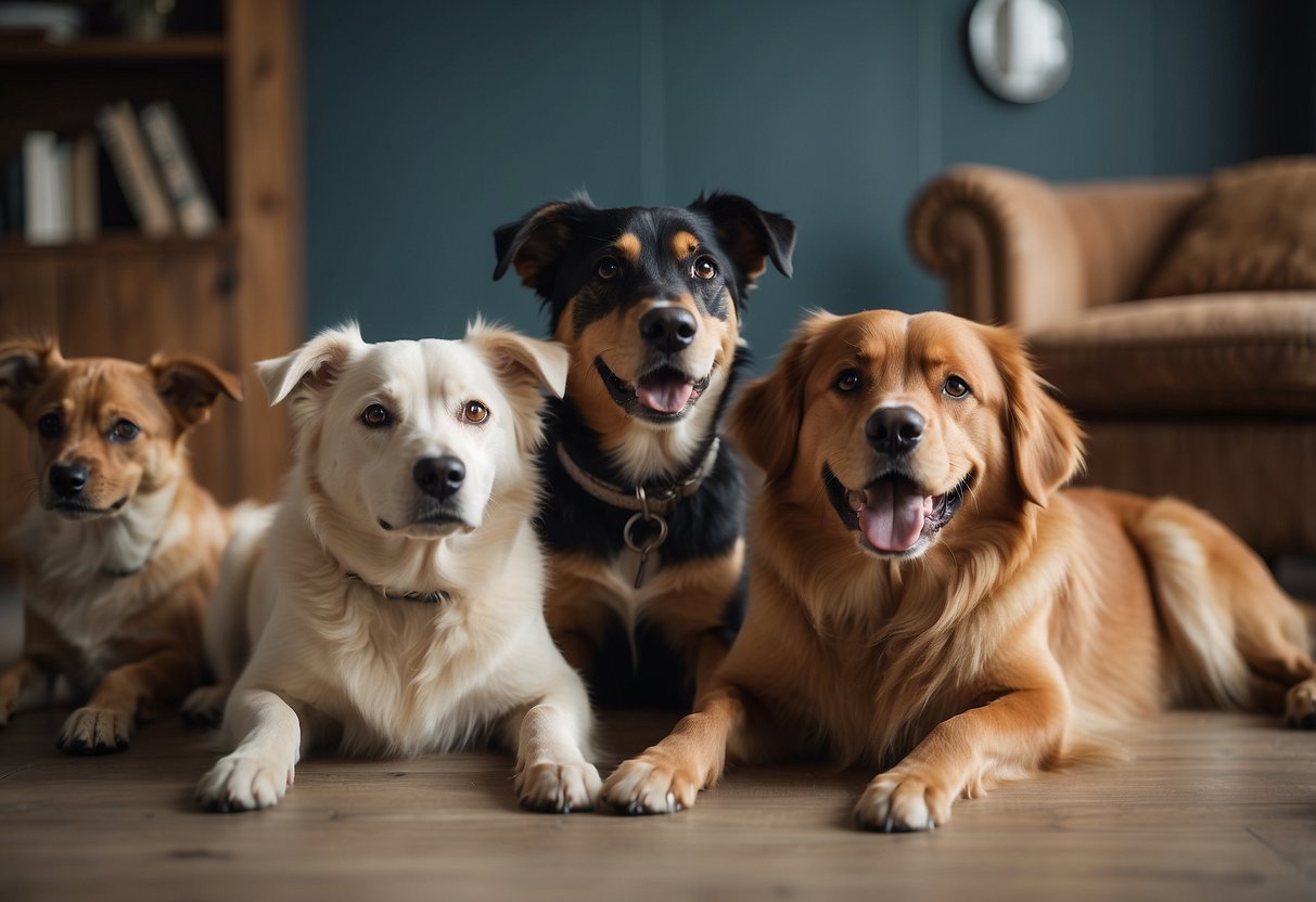 Several dogs of different breeds happily playing and lounging together in a spacious and well-equipped household environment