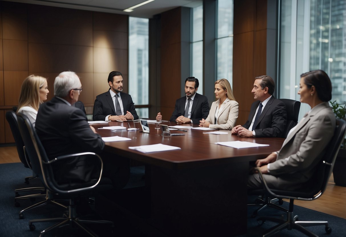 A group of officials discussing ACENA regulations and procurement laws in a boardroom setting