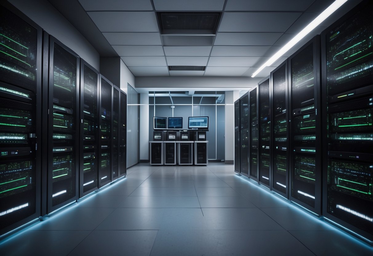 A secure server room with multiple computers and data servers connected by cables, with a trusted third-party logo displayed on the wall