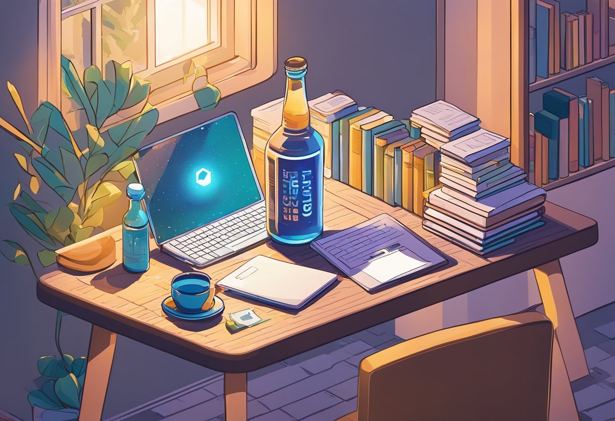 A table with Noocube UK bottle, surrounded by books and a laptop. Bright light illuminates the scene