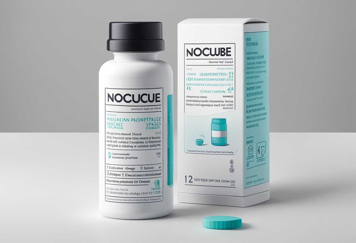 A bottle of Noocube UK sits on a clean, white countertop, with the dosage instructions clearly visible on the label