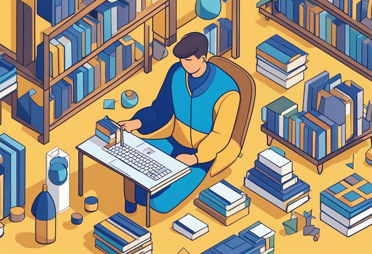 A person holding a bottle of Noocube with a thoughtful expression, surrounded by books and a laptop, indicating focus and concentration