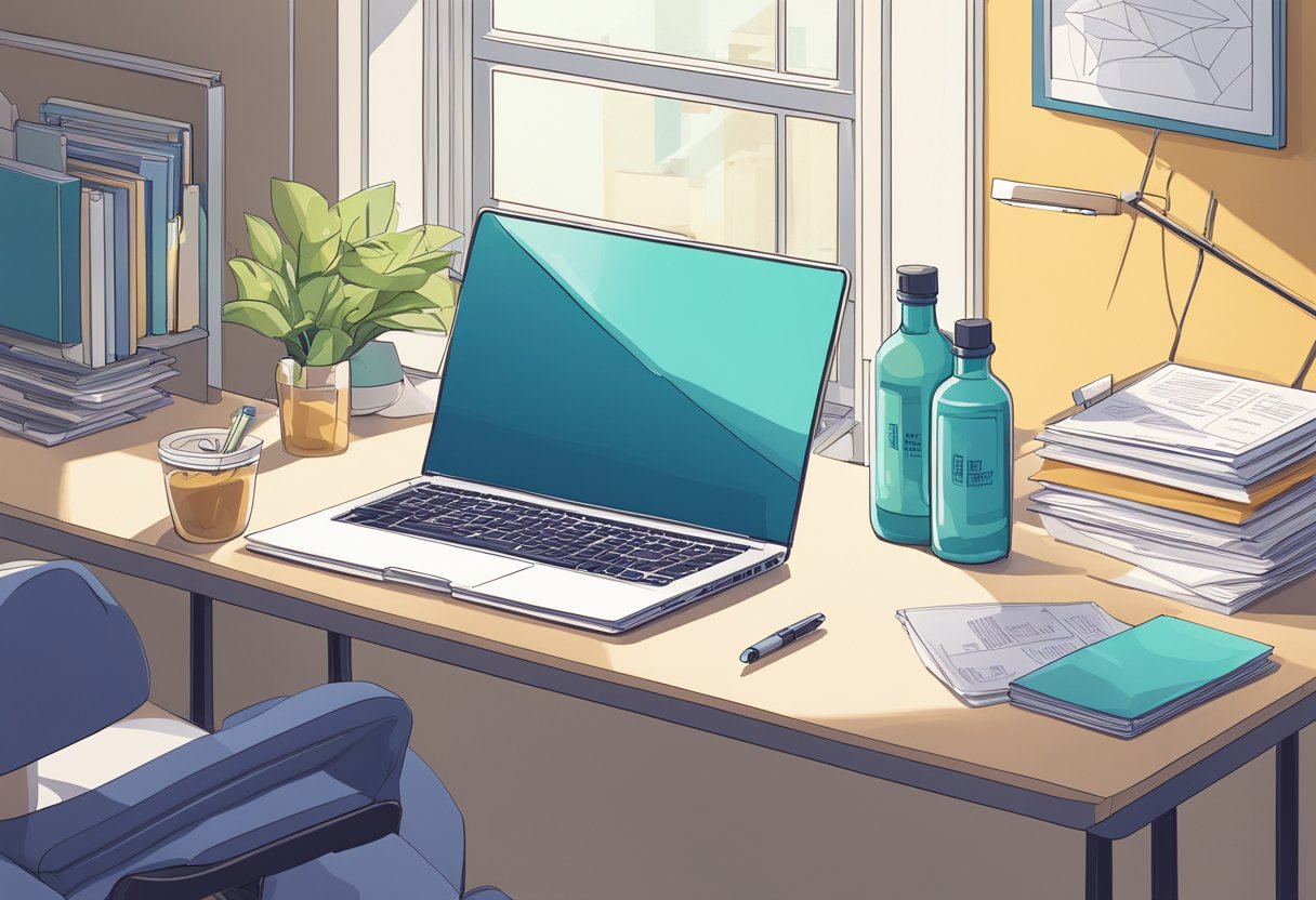 A bottle of Noocube sits on a sleek, modern desk, surrounded by scattered papers and a laptop. The room is bathed in soft, natural light, creating a calm and focused atmosphere