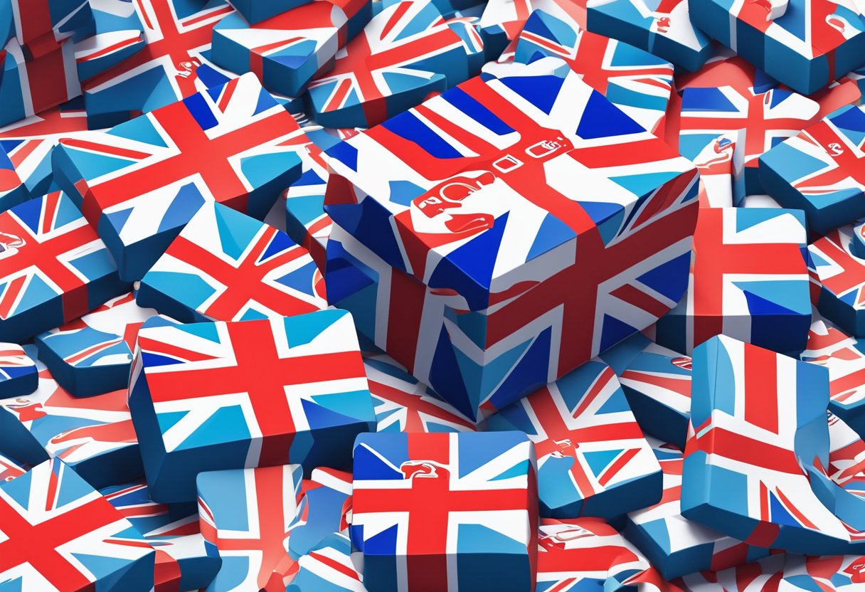 A stack of colorful question marks hovers above a bottle of Noocube, with a UK flag in the background