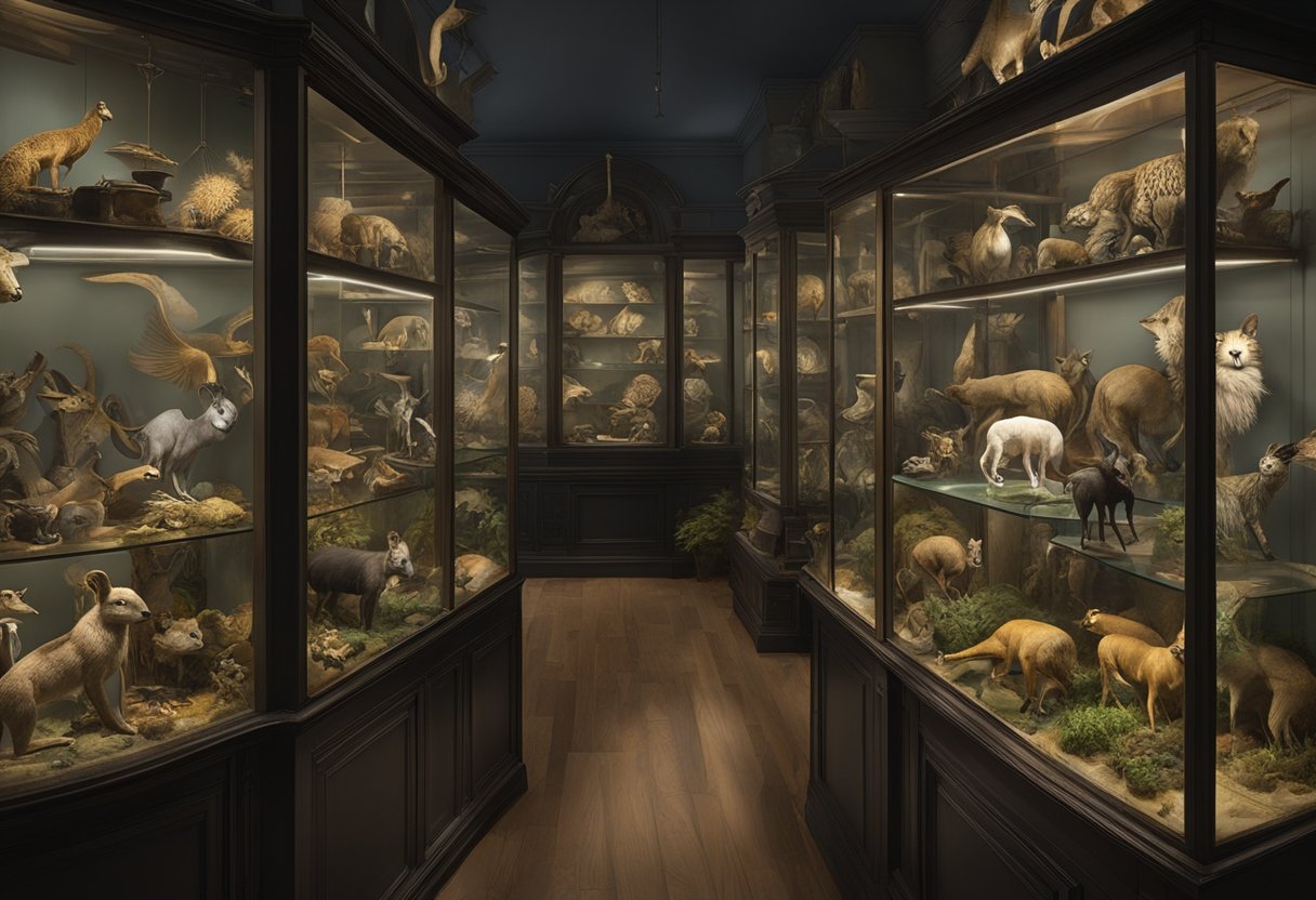 A dimly lit room filled with Victorian taxidermy oddities, from exotic animals to mythical creatures, displayed in glass cases and on shelves