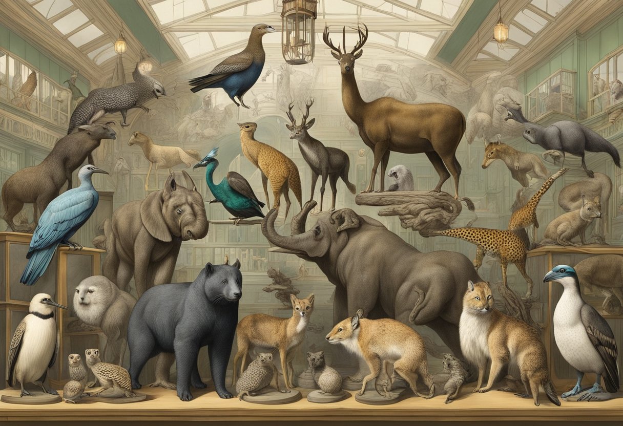 A collection of bizarre taxidermy animals, representing cultural and scientific significance, fills a Victorian zoo exhibit with oddities