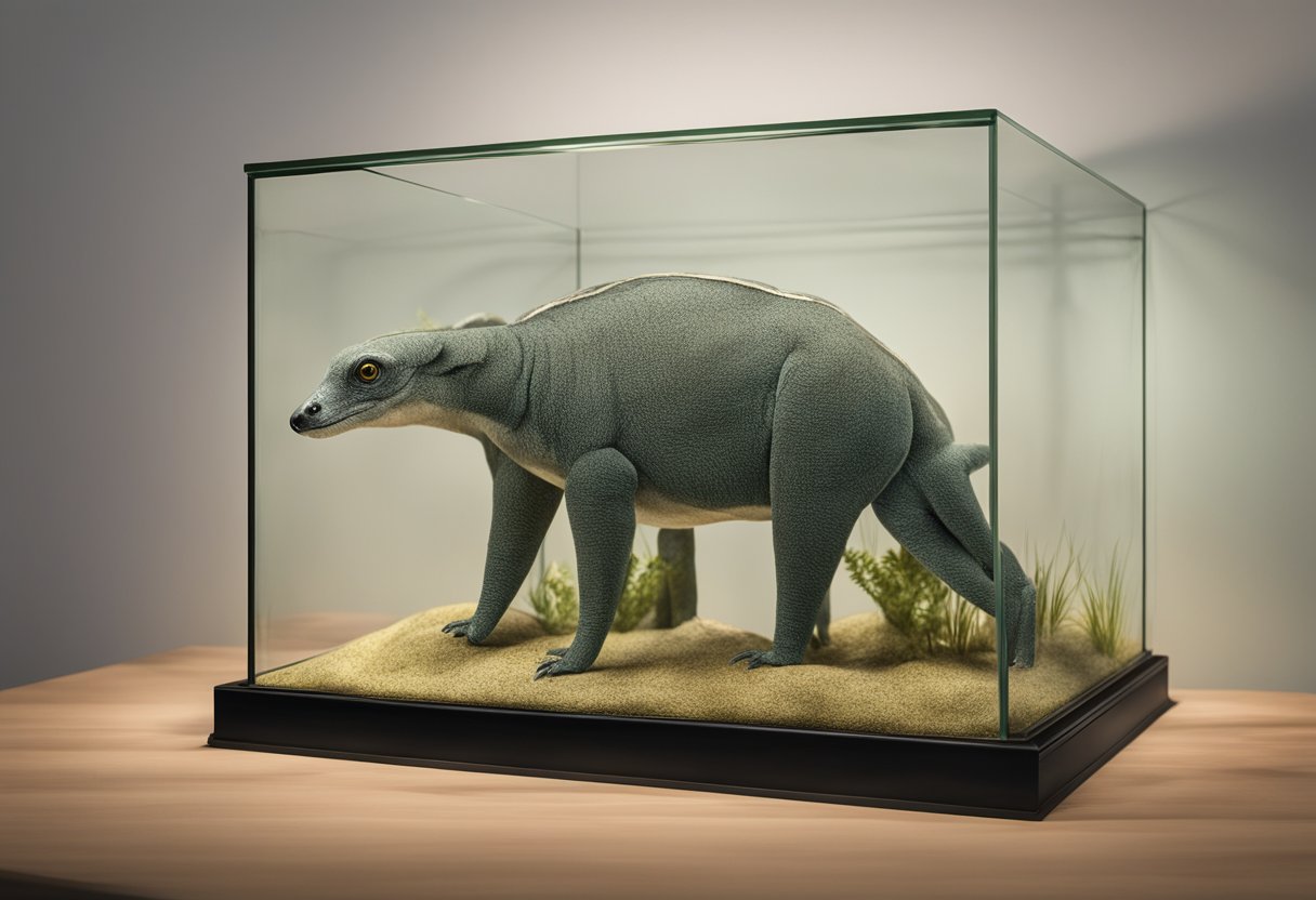 A stuffed Victorian era animal, meticulously preserved with lifelike detail, displayed in a glass case at the Impossible Zoo