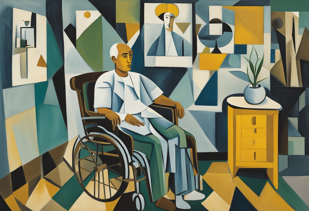 A serene, modern hospital room with a focus on male-specific cancer treatment equipment and stress management tools