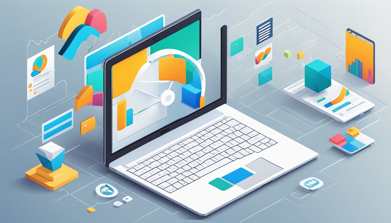 A laptop open to a LinkedIn profile, with highlighted features for freelancers and entrepreneurs. Graphs and charts show profile optimization