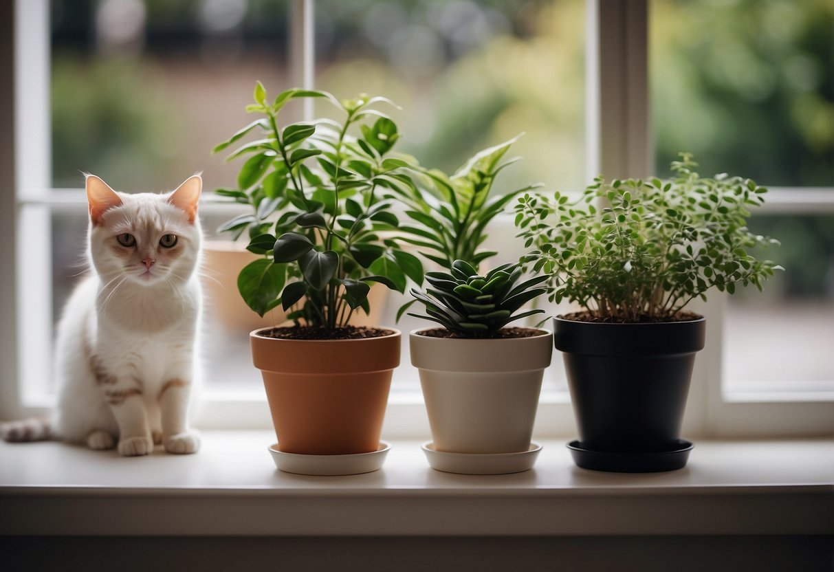 Five indoor plants arranged in pots, placed on a windowsill or shelf. A cat or dog is nearby, looking content and healthy. The air feels fresh and clean