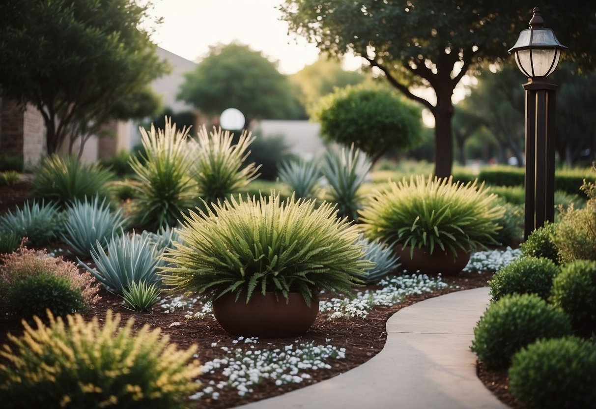 A well-designed Dallas landscape with low-maintenance plants, strategically arranged for maximum impact