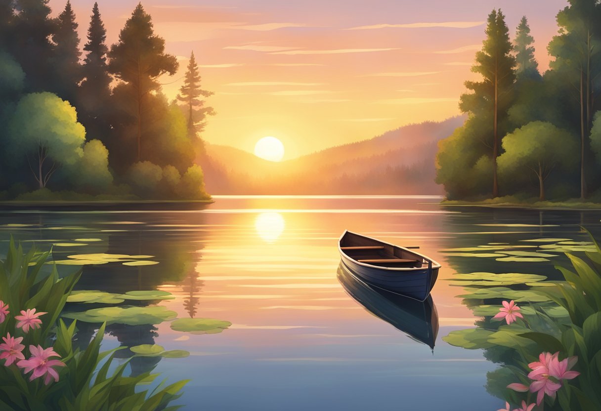 A serene setting with a glowing sunrise over a calm lake, surrounded by lush greenery and a single boat floating peacefully
