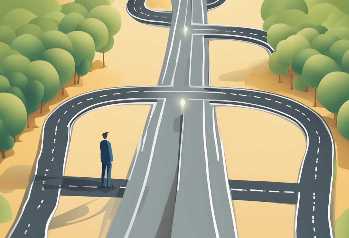 A person standing at a crossroads, with one path leading to motivation and the other to responsibility, symbolizing the coaching mindset