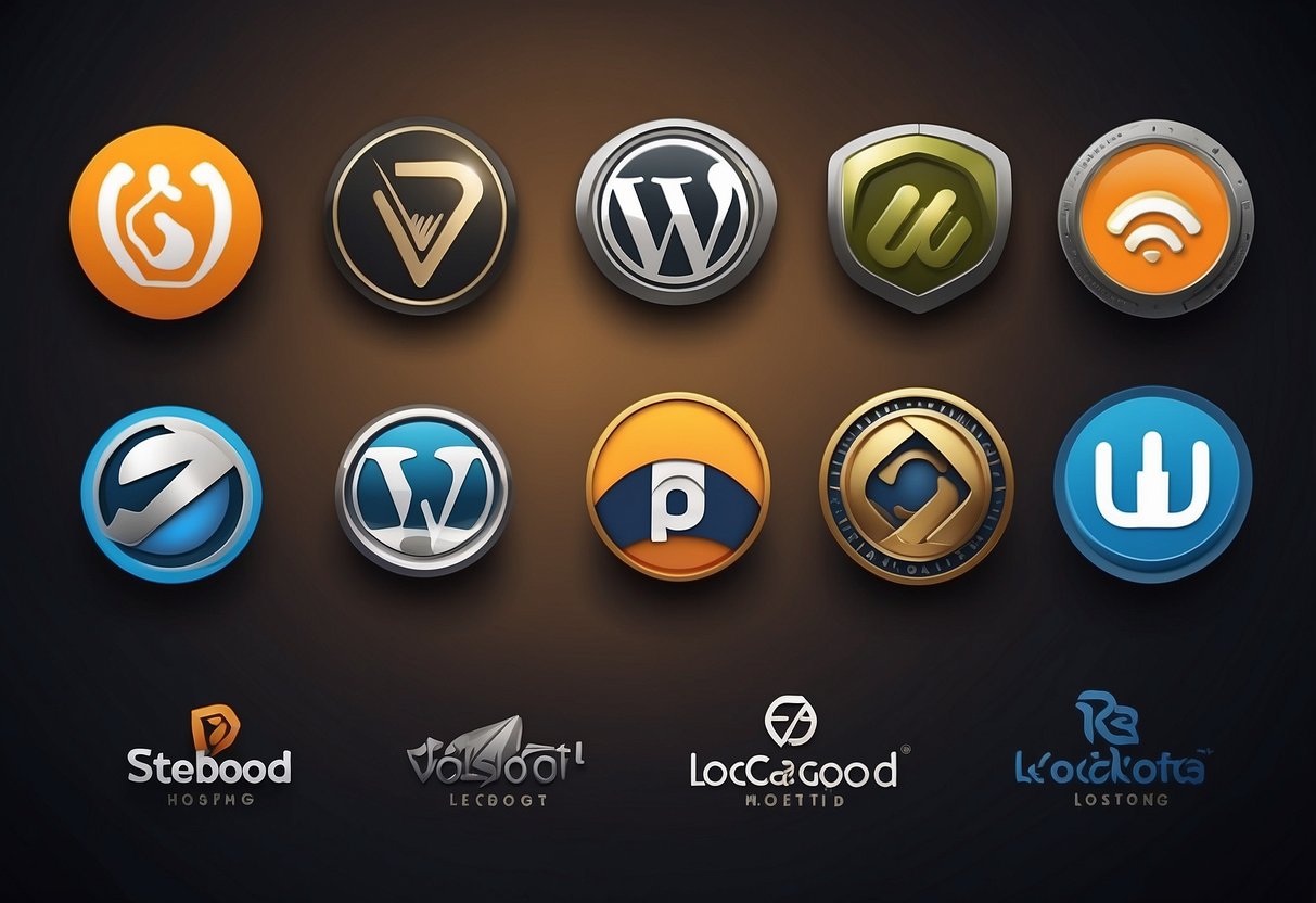 A lineup of 7 logos for top WordPress hosting providers: Hostinger, SiteGround, HostGator, Locaweb, KingHost, UOL Host