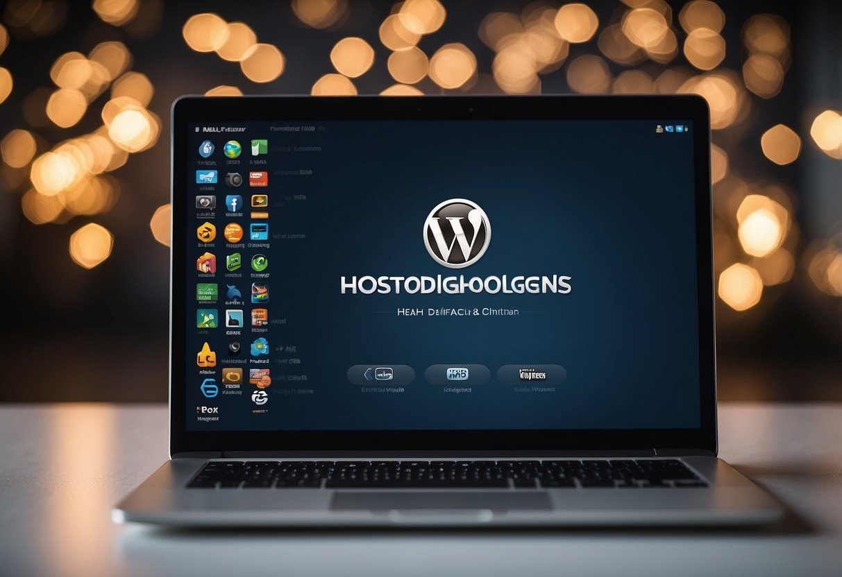 A computer screen showing the logos of Hostinger, SiteGround, HostGator, Locaweb, KingHost, and UOL Hos, with the text "7 Melhores Hospedagens para WordPress" displayed prominently