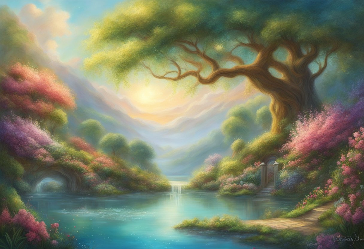 A lush garden with blooming flowers and fruitful trees, surrounded by a serene lake and a clear blue sky