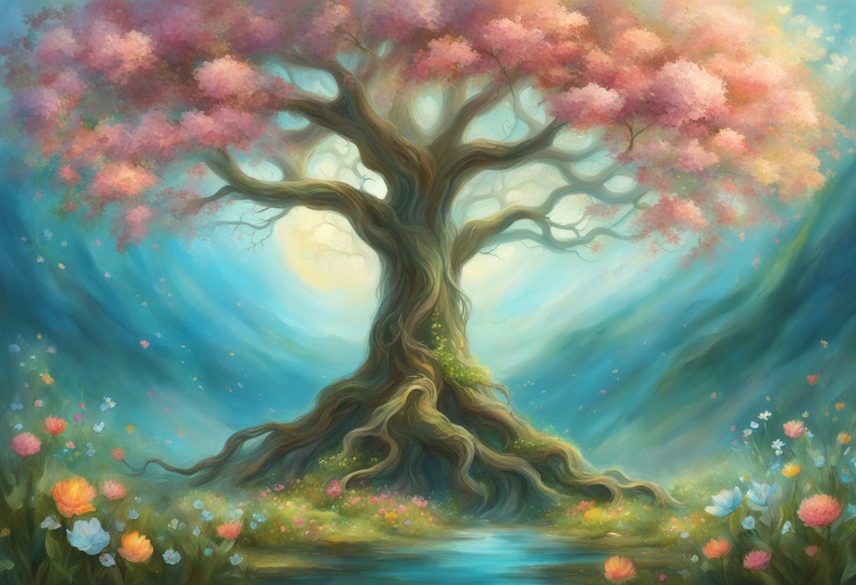 A tree growing tall with roots spreading deep, surrounded by blooming flowers and a clear blue sky above