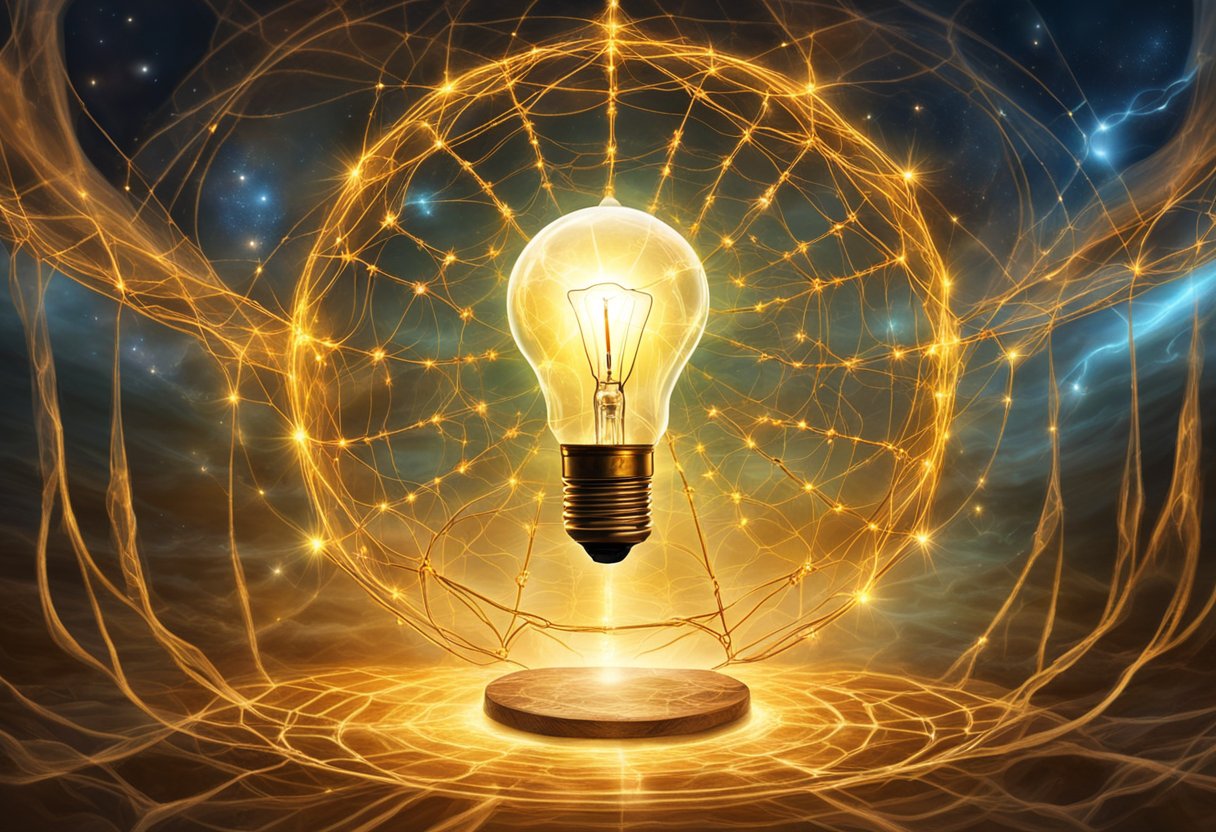 A glowing light bulb surrounded by a web of interconnected pathways, symbolizing the strategies for generating value and prosperity mindset