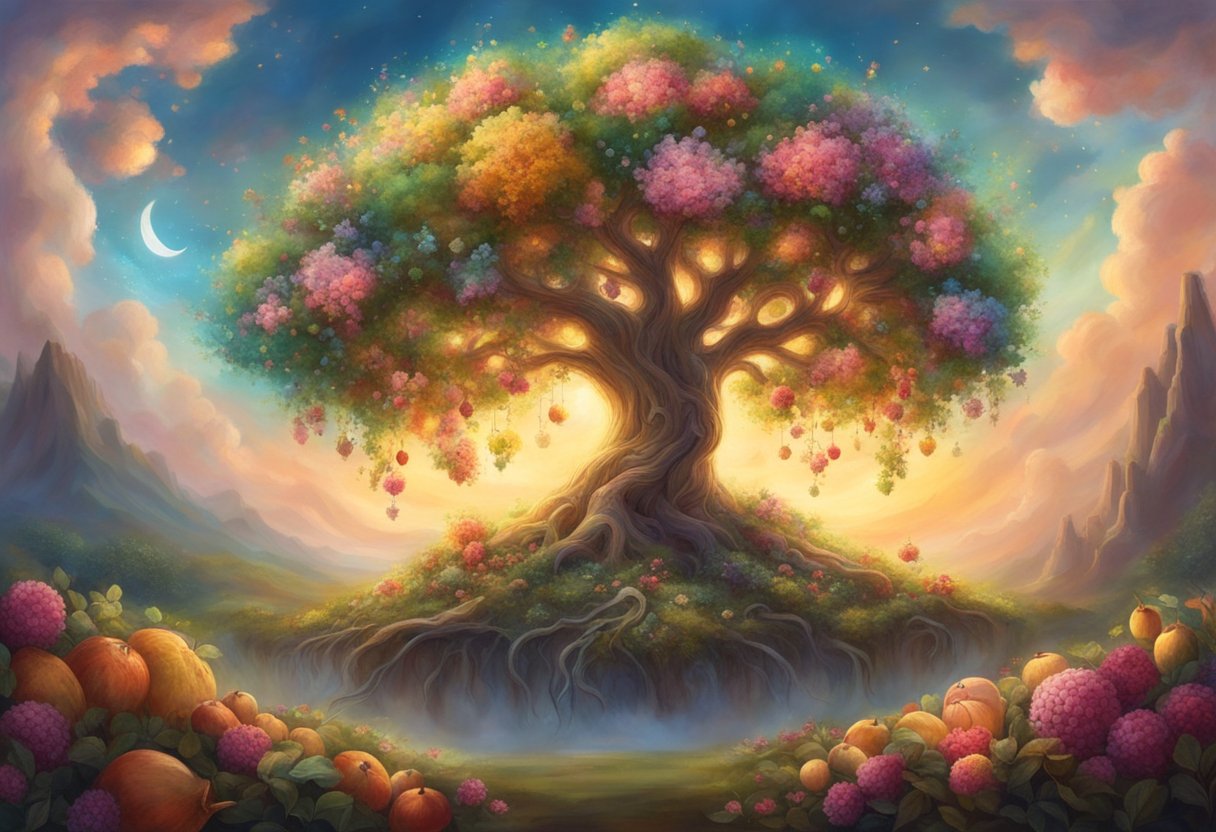 A flourishing tree with roots deep in the ground, surrounded by blooming flowers and abundant fruits, symbolizing a mindset of prosperity and abundance