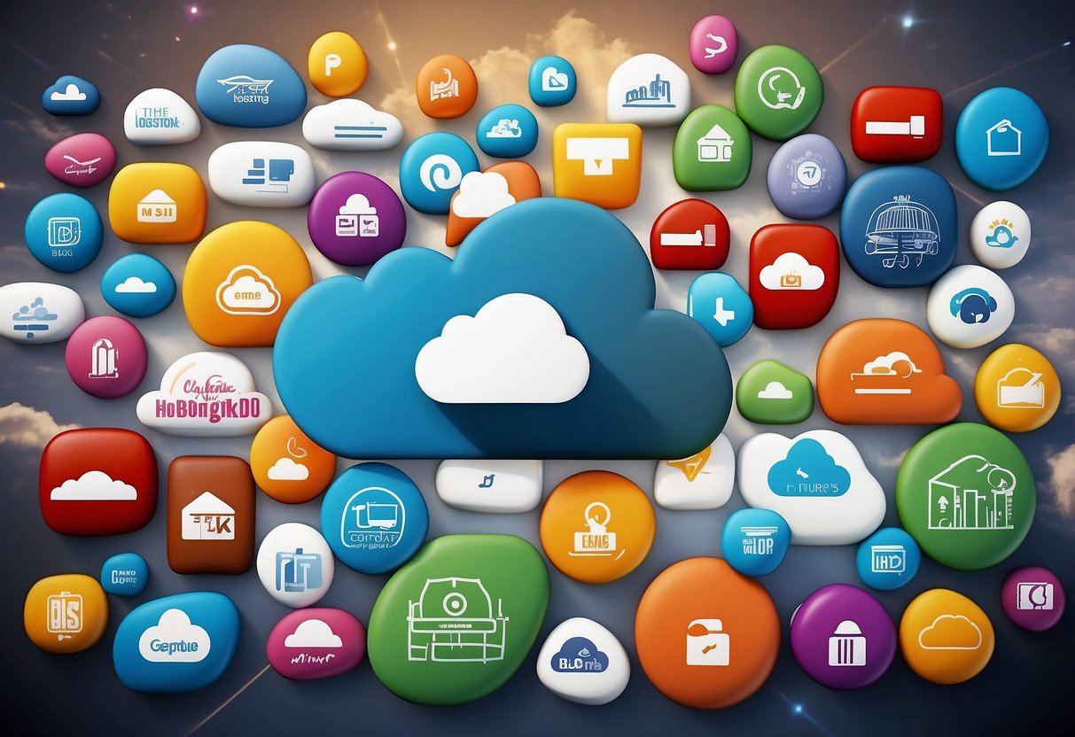 A colorful array of cloud icons floating above a row of web hosting company logos, representing the ease of scalability and the top 7 hosting options for blogs