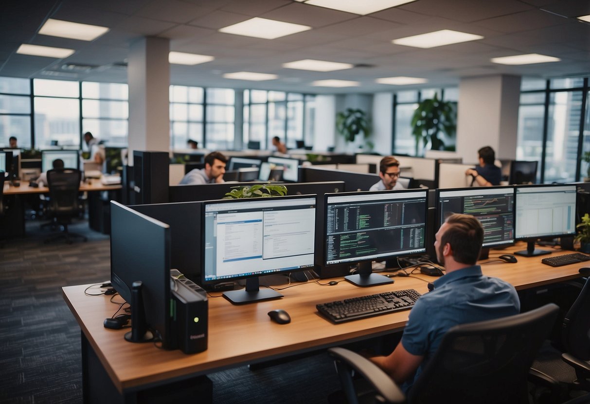 A bustling web hosting office with employees working at their desks, computers humming with activity. The SiteGround logo prominently displayed on the wall