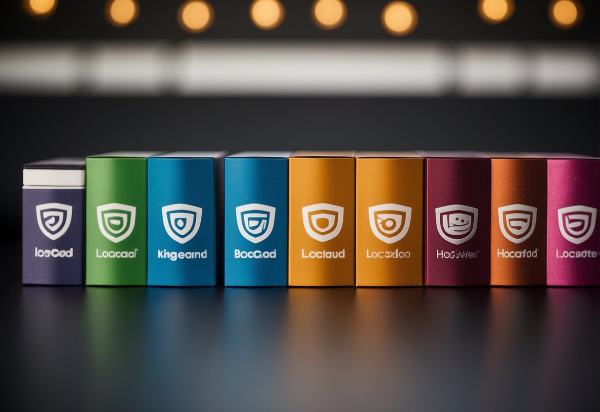 A lineup of 7 web hosting logos: Hostinger, SiteGround, HostGator, Locaweb, KingH. Each logo is bold and distinct, with vibrant colors and modern typography