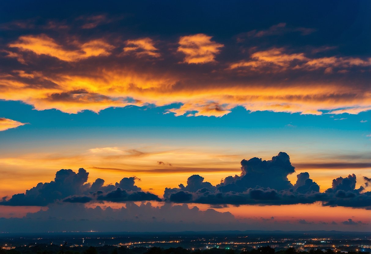 A vibrant, cloud-filled sky with seven prominent cloud formations, each representing a top web hosting company: Hostinger, SiteGround, HostGator, Locaweb, KingH