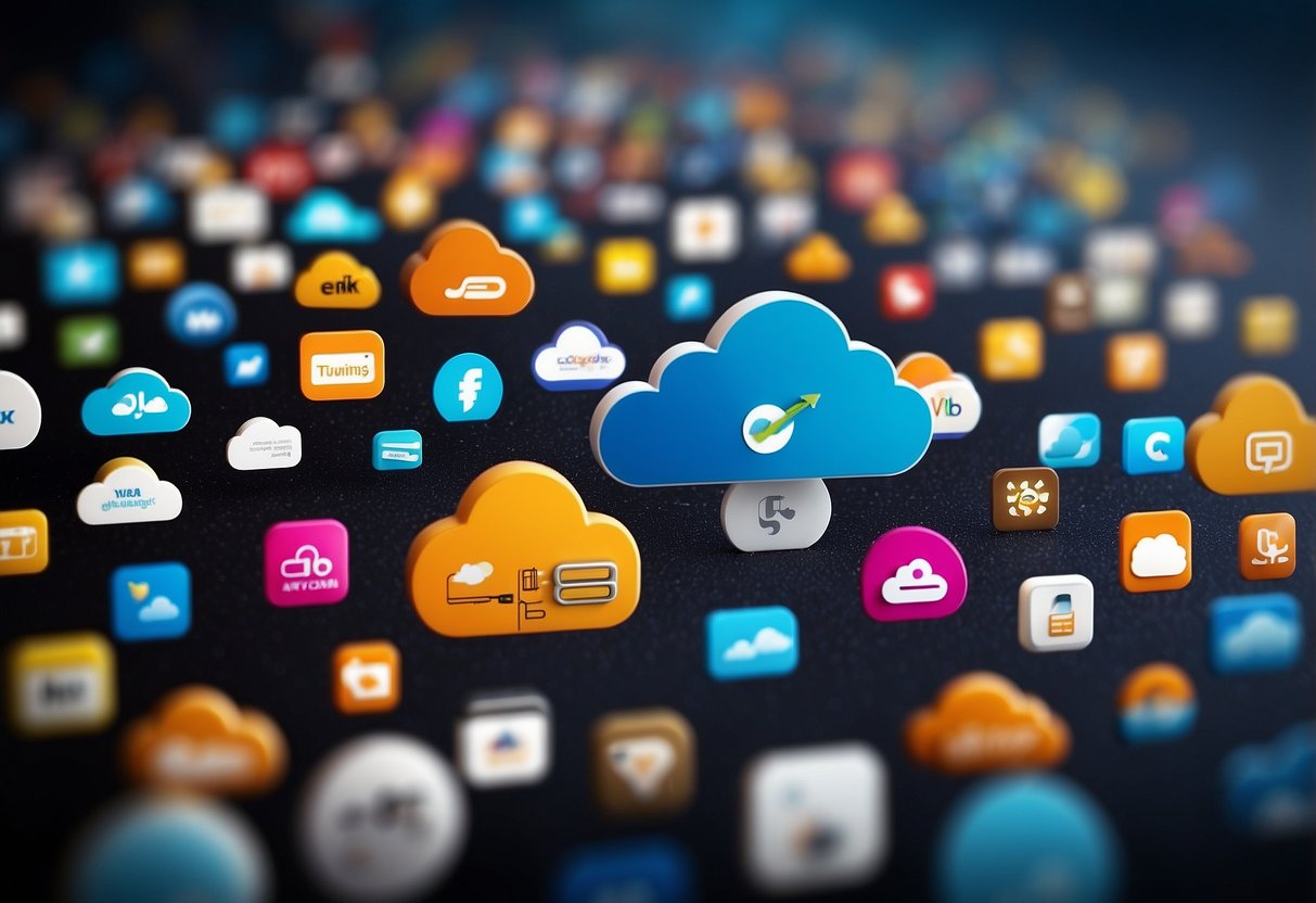 A colorful array of cloud icons representing different web hosting options, including Hostinger, SiteGround, HostGator, Locaweb, and KingHost