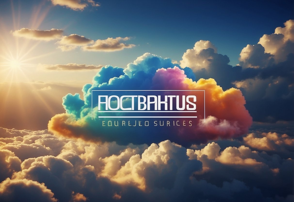 A colorful and dynamic cloud formation with the names of popular hosting services floating amidst the clouds