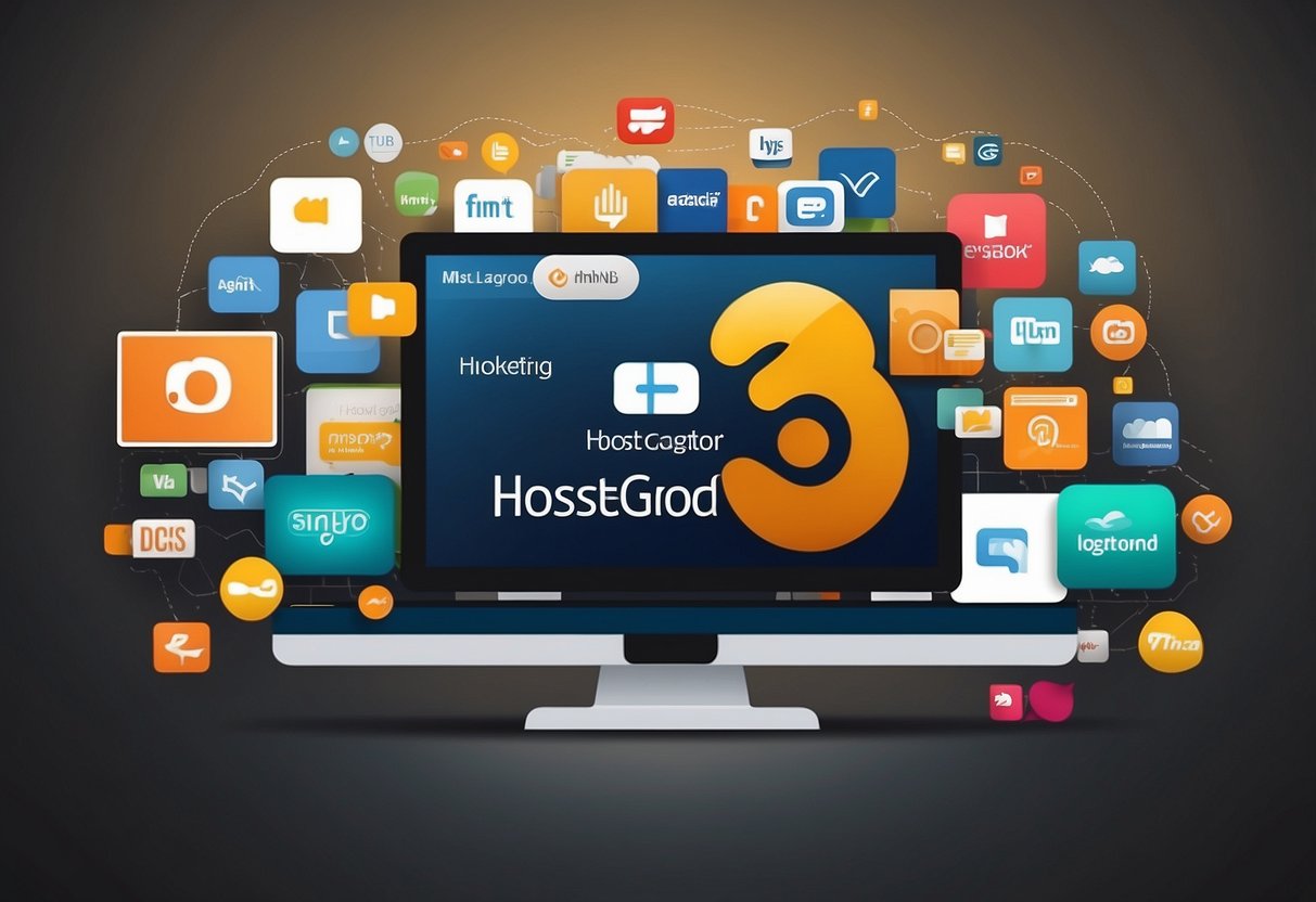 The scene shows the logos of Hostinger, SiteGround, HostGator, Locaweb, KingH, representing the top 7 hosting options for marketing agencies