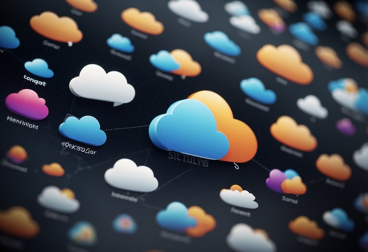 The scene depicts seven cloud icons representing the top hosting companies for marketing agencies: Hostinger, SiteGround, HostGator, Locaweb, KingH