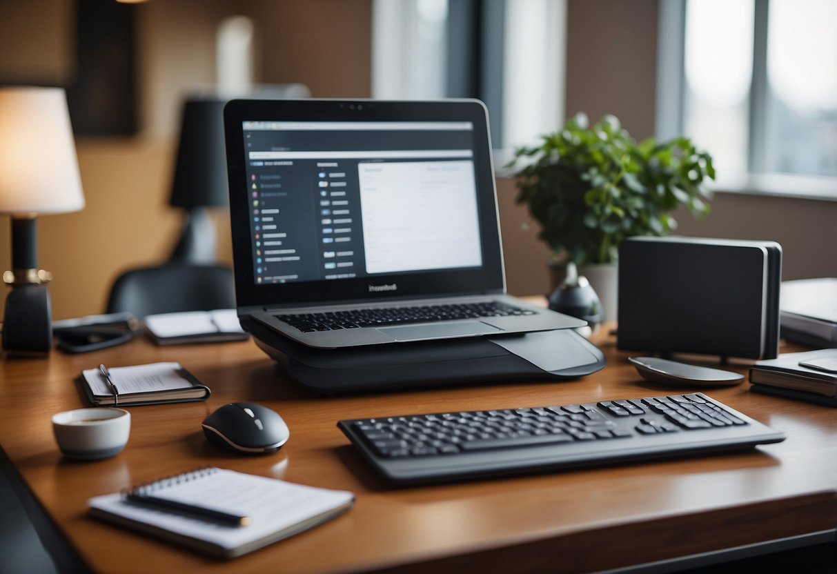 A desk with a computer, notepad, and pen. The computer screen displays the websites of Hostinger, SiteGround, HostGator, Locaweb, and KingH