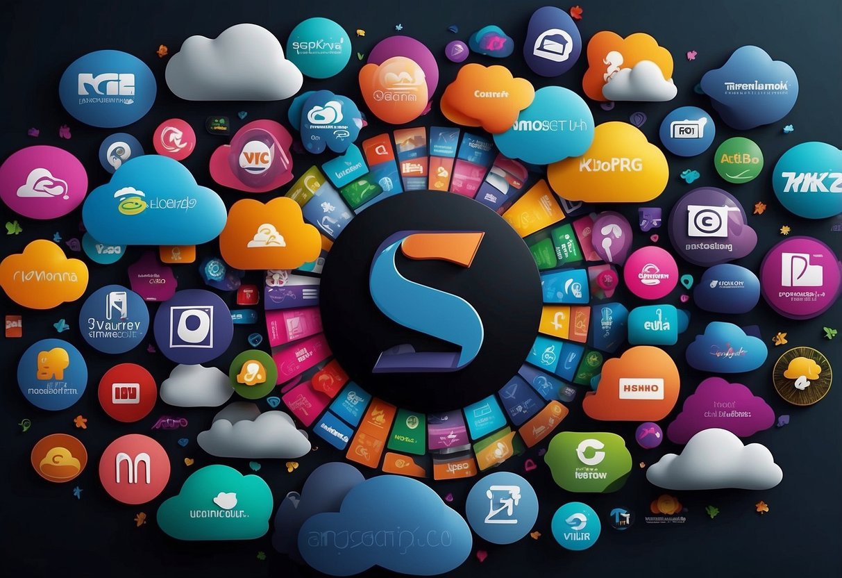 A vibrant scene with 7 cloud hosting logos arranged in a circle, representing top options for streamers. Each logo is distinct and eye-catching