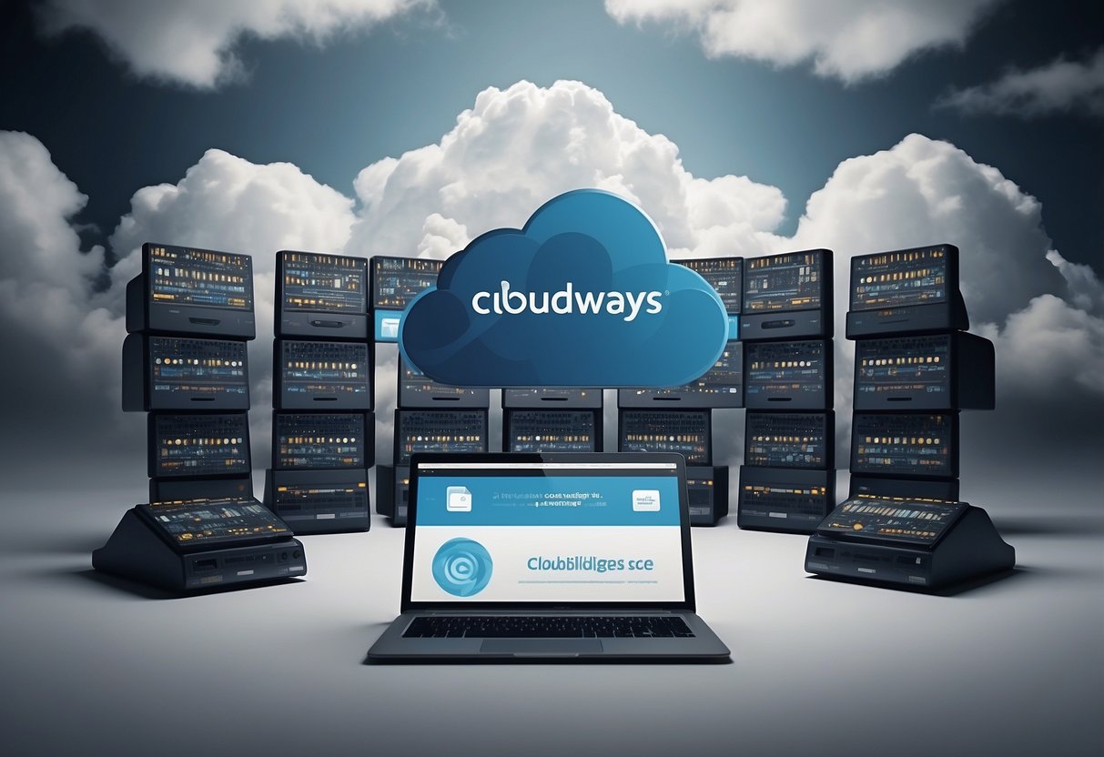 The scene depicts various cloud hosting logos (Hostinger, SiteGround, HostGator, Locaweb, KingHost) with the text "Cloudways: Flexibilidade e Escalabilidade" in a clean and modern layout