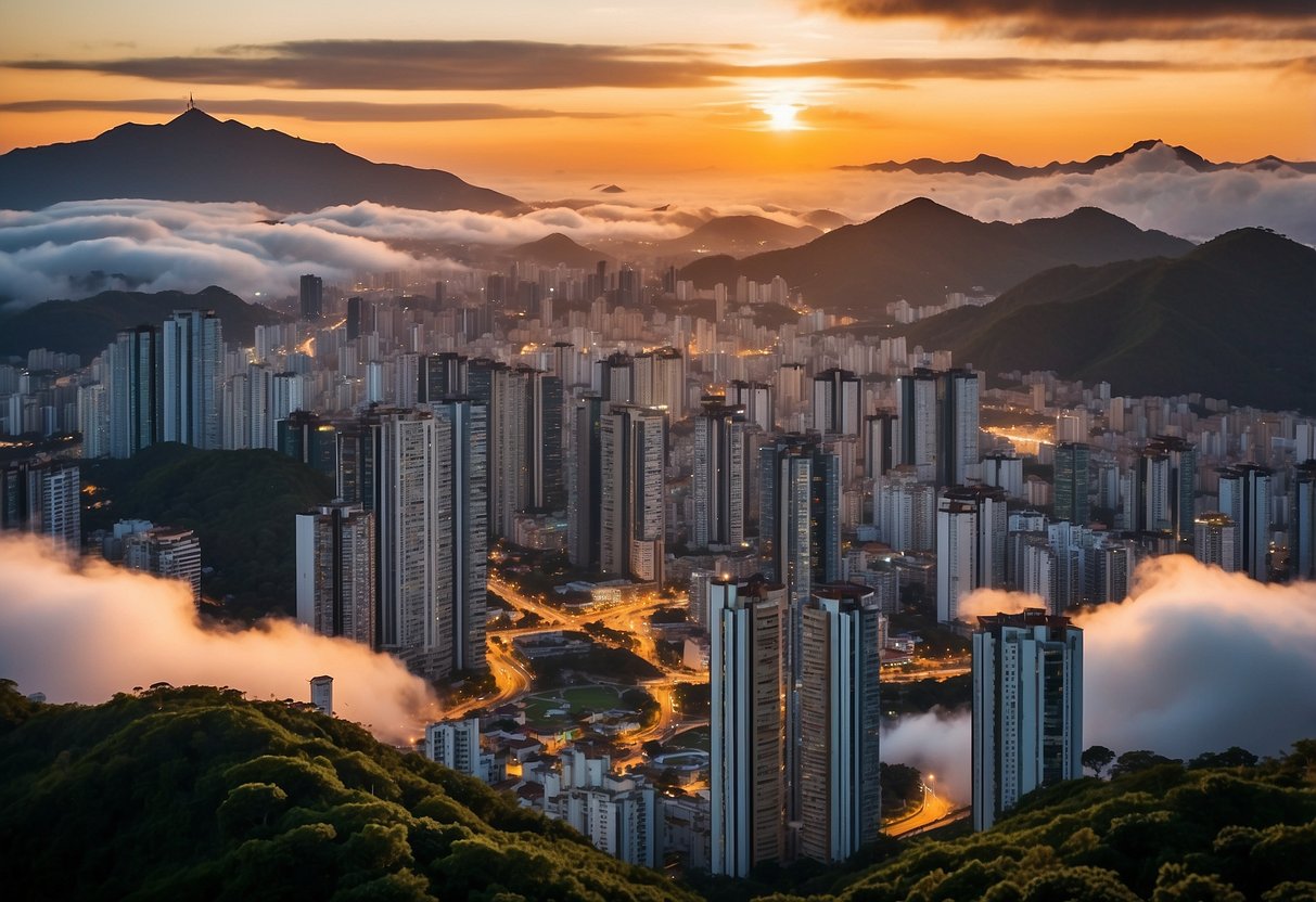 A vibrant skyline with servers of Hostinger, SiteGround, HostGator, Locaweb, and KingHost floating among the clouds in Brazil