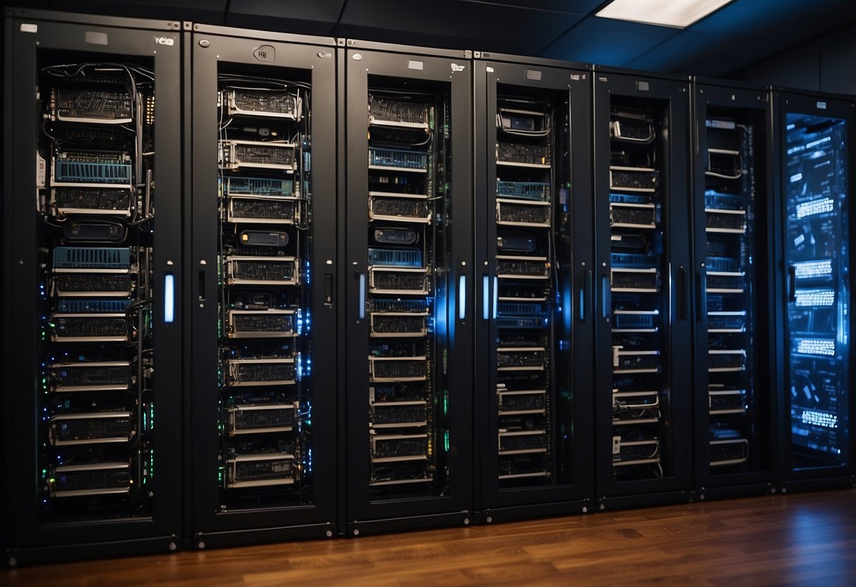 A computer server room in Brazil with logos of Hostinger, SiteGround, HostGator, Locaweb, and KingHost displayed on the servers