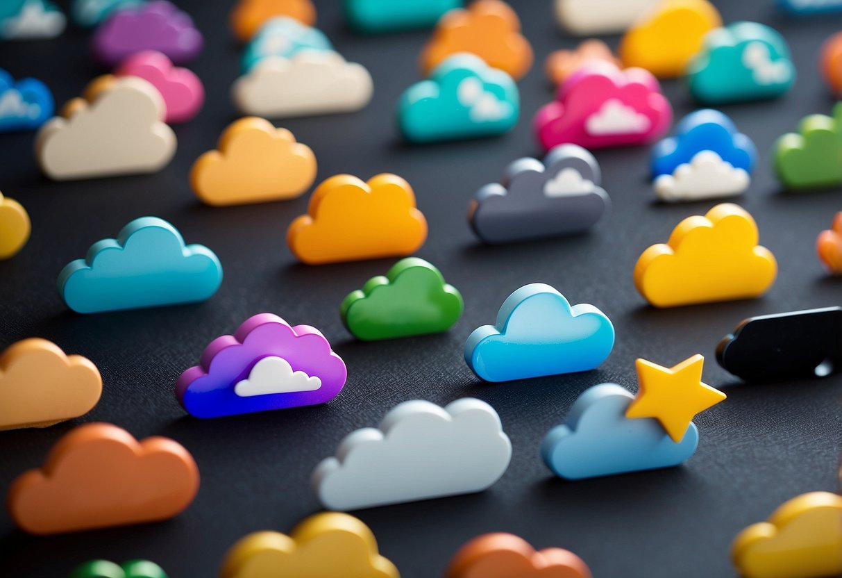 A colorful array of cloud icons representing top hosting companies for startups: Hostinger, SiteGround, HostGator, Locaweb, KingHost, UOL Host