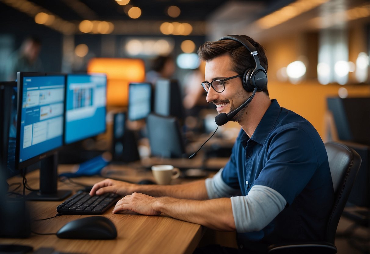 A customer service representative assists a client in Portuguese. The logos of Hostinger, SiteGround, HostGator, Locaweb, and KingHost are displayed