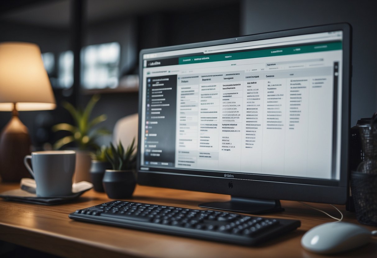 A desk with a computer and a list of 7 web hosting companies in Portuguese