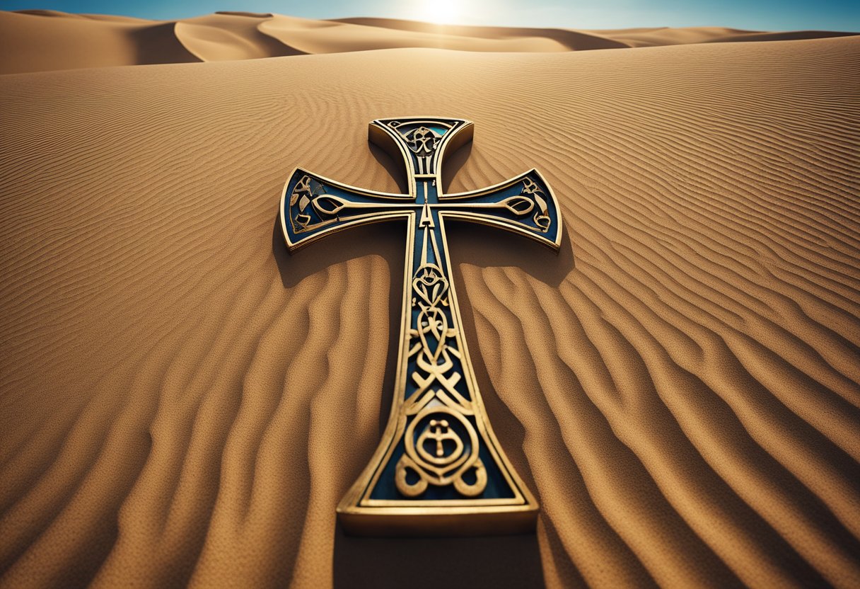 An ancient Christian symbol, the Ankh, stands tall in the desert, surrounded by sand dunes and a clear blue sky