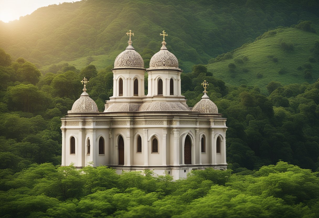 A serene ancient Christian church with intricate carvings and symbols, surrounded by lush greenery and a peaceful atmosphere