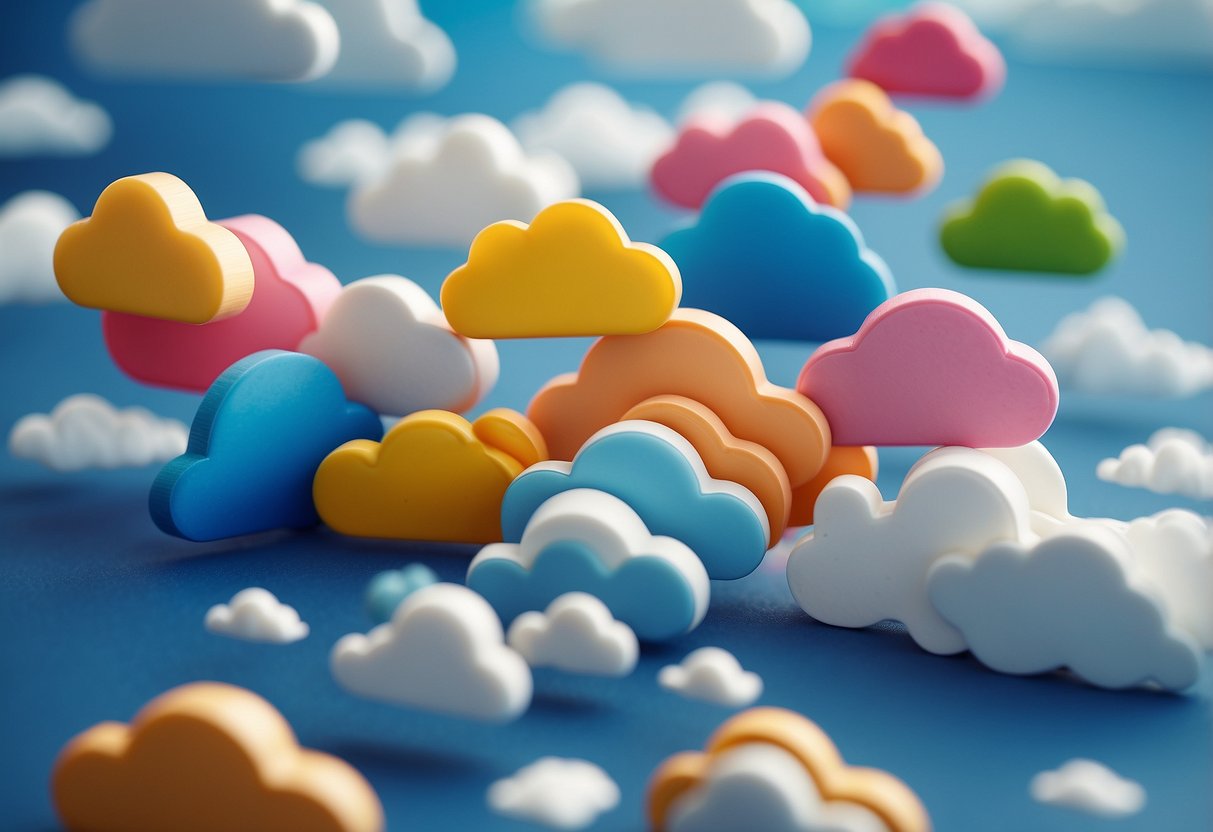 A colorful array of cloud icons representing various web hosting options, including Hostinger, SiteGround, HostGator, Locaweb, and KingHost, floating against a bright blue sky