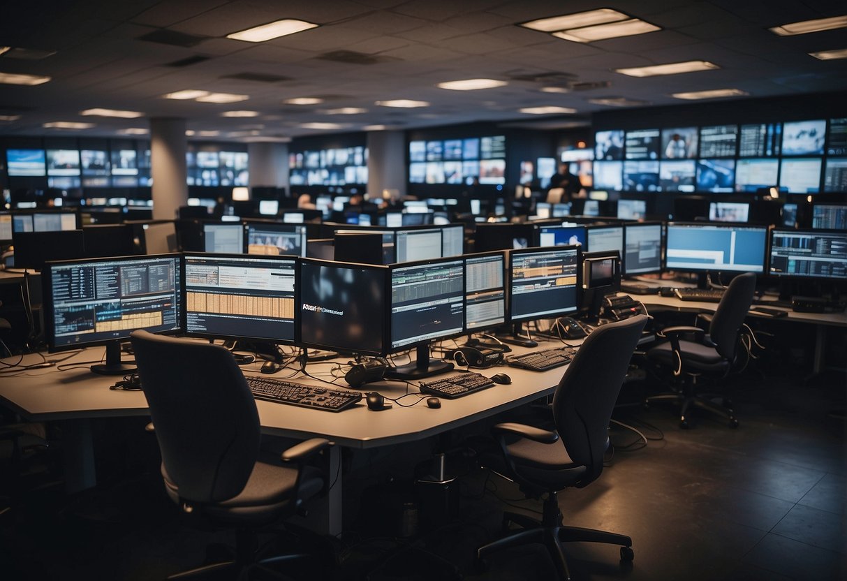 A bustling newsroom with computer screens aglow, representing top hosting services like SiteGround and HostGator